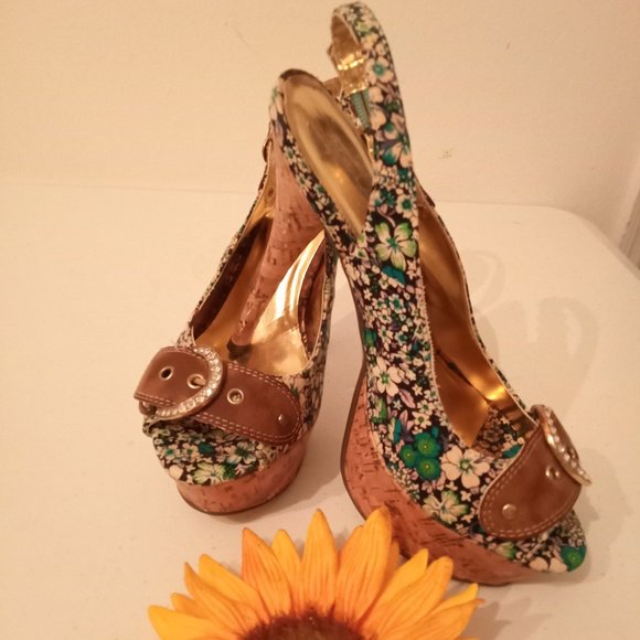 🎀SALE🎀NWOT Rhinestone Cork Platform High Heels Open Toe Buckle Strap Shoes - Picture 2 of 16